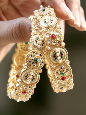 Gold Finish AD Stones Flower Design Minakari Bangles