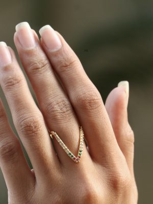 Gold Finish Multi Color AD Stones V Shape Finger Ring