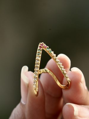 Gold Finish Multi Color AD Stones V Shape Finger Ring