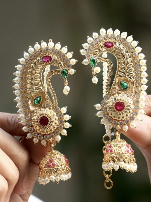 Gold Plated Peacock Design Ear Cuff Earrings with Pearl Mattal