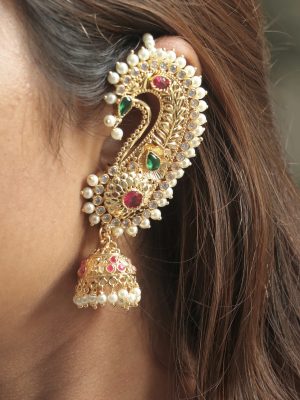 Gold Plated Peacock Design Ear Cuff Earrings with Pearl Mattal