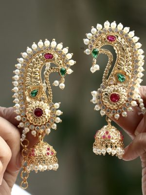 Gold Plated Peacock Design Ear Cuff Earrings with Pearl Mattal