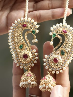 Gold Plated Peacock Design Ear Cuff Earrings with Pearl Mattal