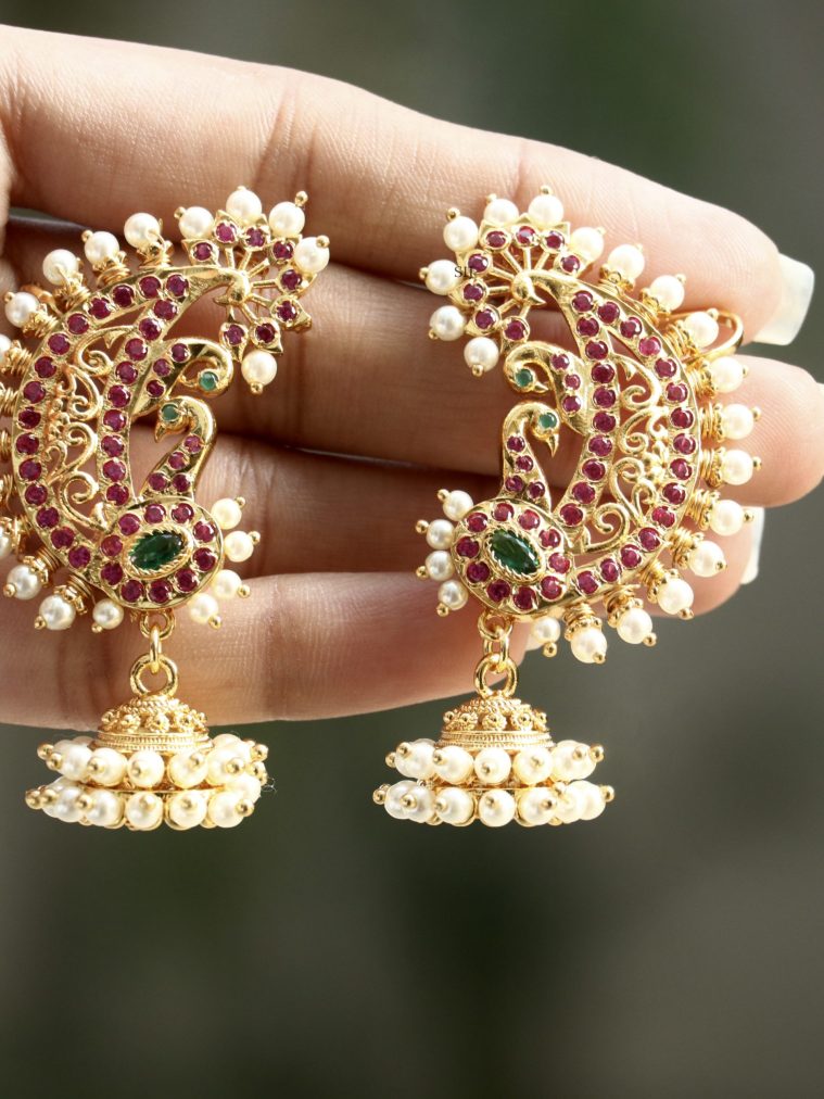 Traditional Dual Peacock Ear Cuff Earrings with Jhumkas