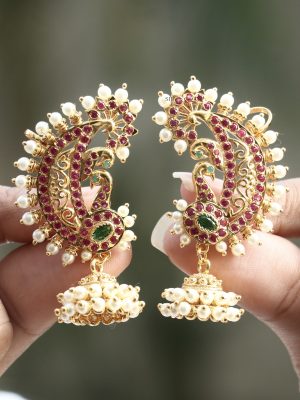 Traditional Dual Peacock Ear Cuff Earrings with Jhumkas