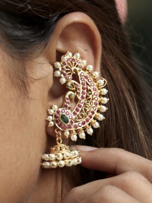 Traditional Dual Peacock Ear Cuff Earrings with Jhumkas