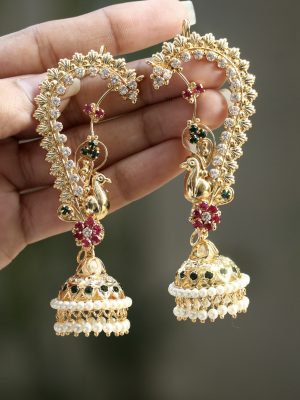 Two In One Design Peacock Ear Cuff Earrings with Jhumkas