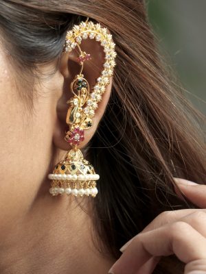 Two In One Design Peacock Ear Cuff Earrings with Jhumkas