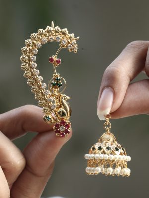 Two In One Design Peacock Ear Cuff Earrings with Jhumkas