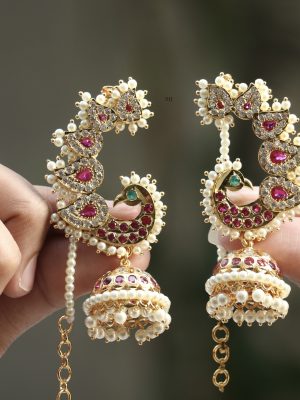 Traditional Dual Peacock Ear Cuff Jhumkas with Pearl Mattal