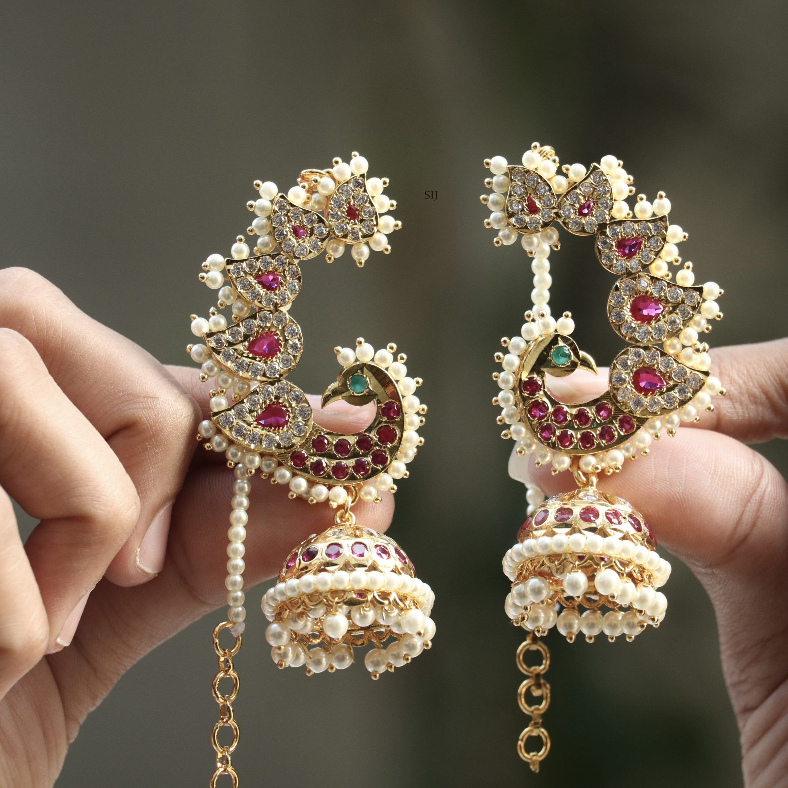 Traditional Dual Peacock Ear Cuff Jhumkas with Pearl Mattal