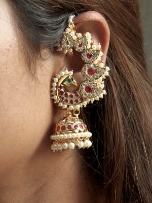 Traditional Dual Peacock Ear Cuff Jhumkas with Pearl Mattal