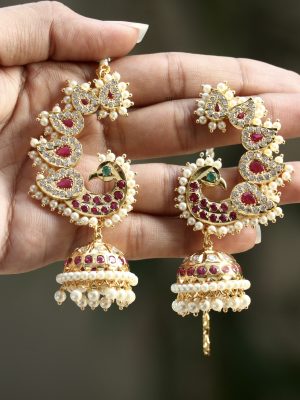 Traditional Dual Peacock Ear Cuff Jhumkas with Pearl Mattal