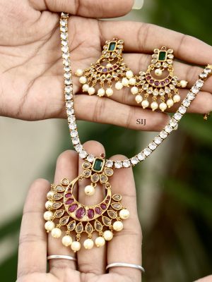 Gold Plated AD Stones Pearl Necklace Set