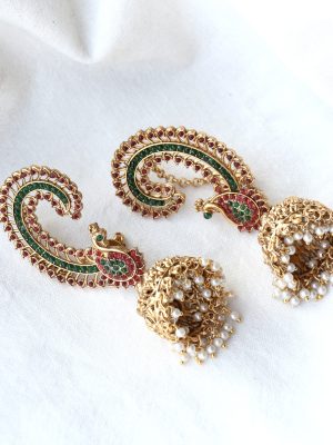 Gold Plated Peacock Design Kemp Stones Ear-Cuff Jhumkas