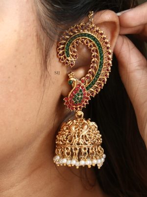 Gold Plated Peacock Design Kemp Stones Ear-Cuff Jhumkas