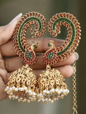 Gold Plated Peacock Design Kemp Stones Ear-Cuff Jhumkas