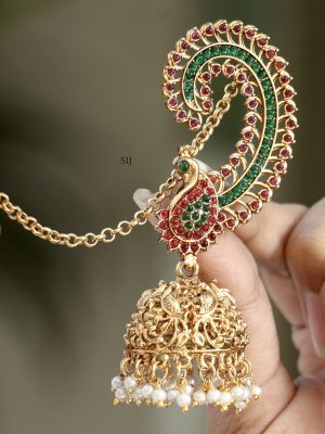 Gold Plated Peacock Design Kemp Stones Ear-Cuff Jhumkas