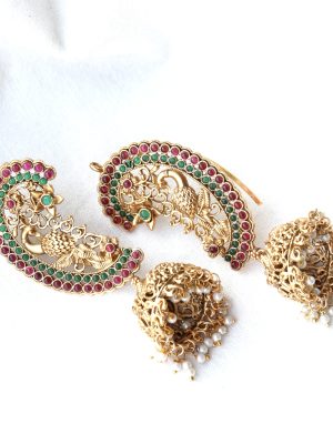 Traditional Peacock Design Ear-Cuff Jhumkas with Pearl