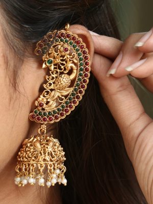 Traditional Peacock Design Ear-Cuff Jhumkas with Pearl