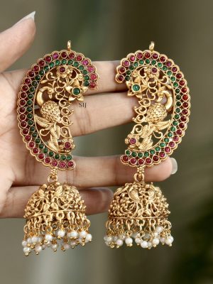 Traditional Peacock Design Ear-Cuff Jhumkas with Pearl