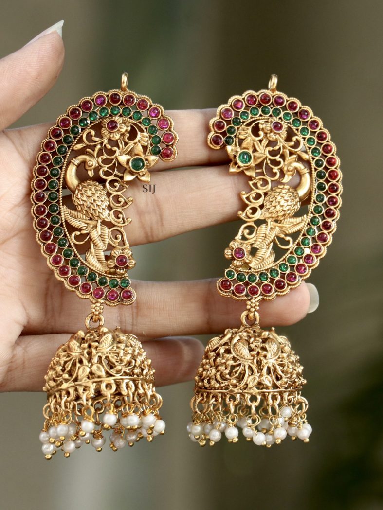 Traditional Peacock Design Ear-Cuff Jhumkas with Pearl