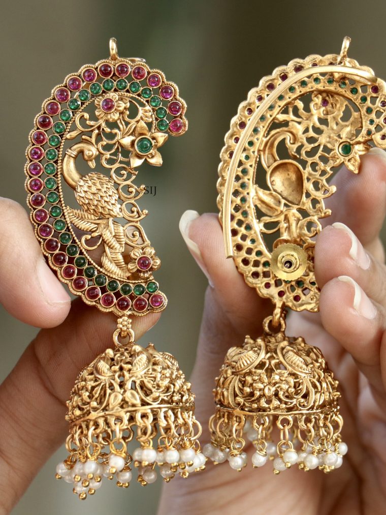 Traditional Peacock Design Ear-Cuff Jhumkas with Pearl