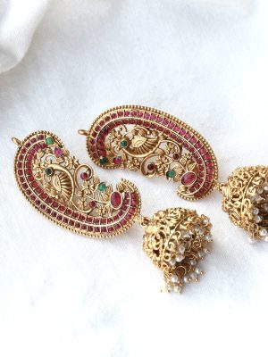 Matte Finish Peacock Design Kemp Stones Ear-Cuff Jhumkas with Pearl