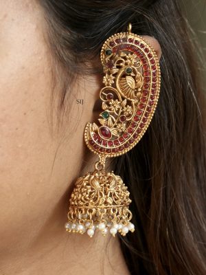 Matte Finish Peacock Design Kemp Stones Ear-Cuff Jhumkas with Pearl