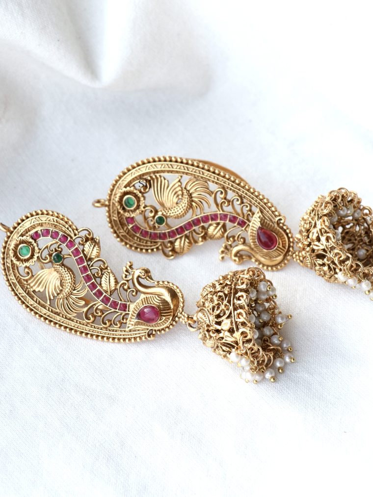 Gold Finish Peacock Design Kemp Stones Ear-Cuff Jhumkas with Pearl