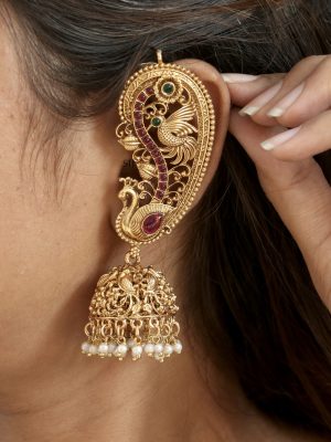 Gold Finish Peacock Design Kemp Stones Ear-Cuff Jhumkas with Pearl