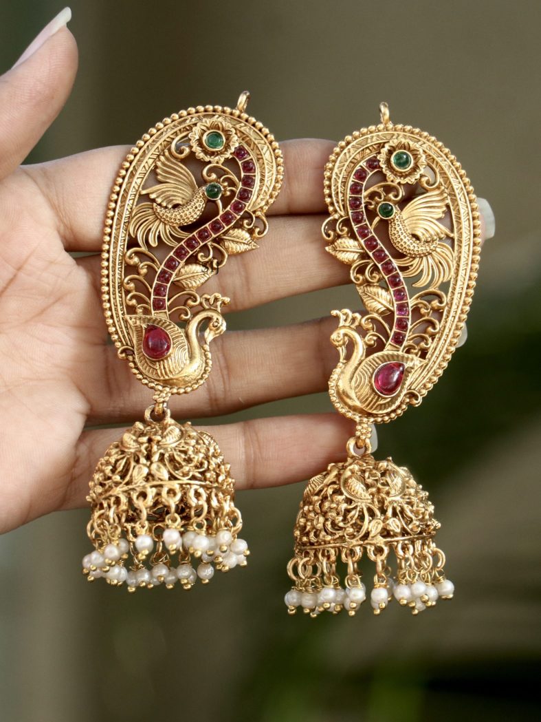 Gold Finish Peacock Design Kemp Stones Ear-Cuff Jhumkas with Pearl