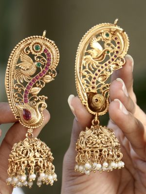 Gold Finish Peacock Design Kemp Stones Ear-Cuff Jhumkas with Pearl