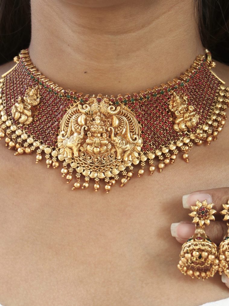 Traditional Lakshmi Devi Ruby and Kemp Stones High Neck Choker