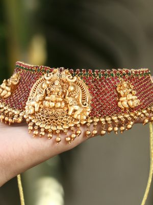 Traditional Lakshmi Devi Ruby and Kemp Stones High Neck Choker