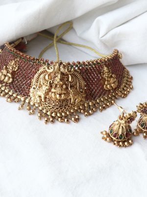 Traditional Lakshmi Devi Ruby and Kemp Stones High Neck Choker