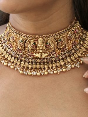 Gold Finish Lakshmi High Neck Bridal Choker with Guttapusalu