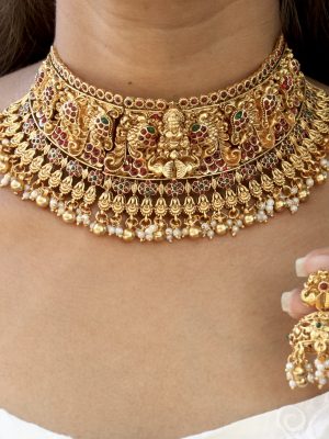 Gold Finish Lakshmi High Neck Bridal Choker with Guttapusalu