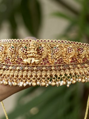 Gold Finish Lakshmi High Neck Bridal Choker with Guttapusalu