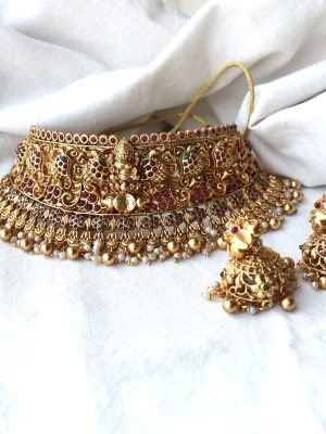 Gold Finish Lakshmi High Neck Bridal Choker with Guttapusalu