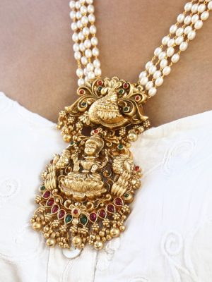 Traditional Multi Layers Pearl Haram with Lakshmi Pendant