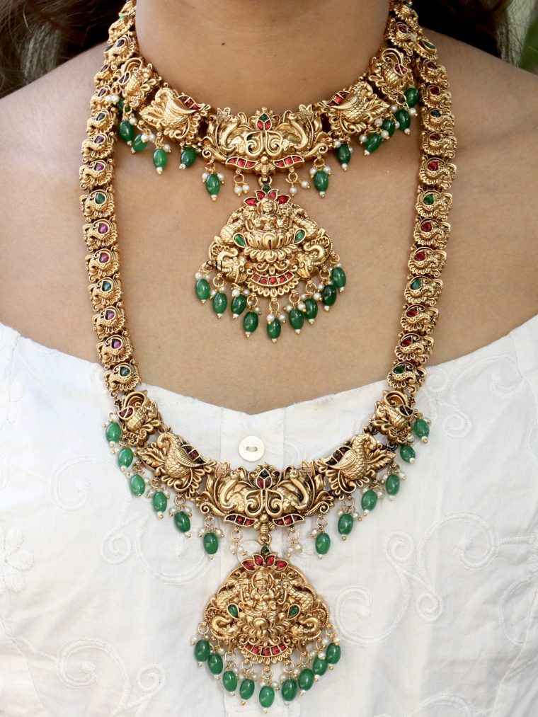 Traditional Vijaya Lakshmi Bridal Set with Green Beads Hangings