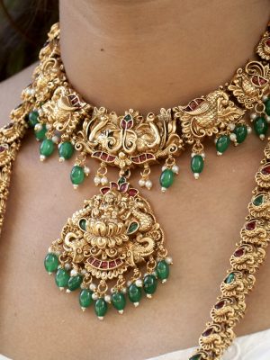 Traditional Vijaya Lakshmi Bridal Set with Green Beads Hangings