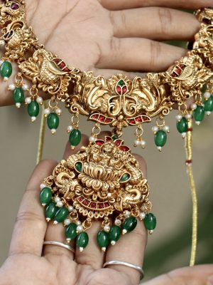 Traditional Vijaya Lakshmi Bridal Set with Green Beads Hangings