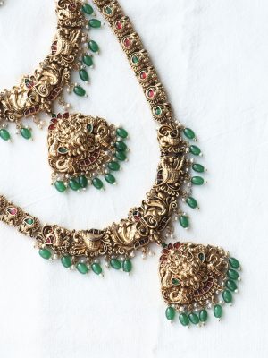 Traditional Vijaya Lakshmi Bridal Set with Green Beads Hangings