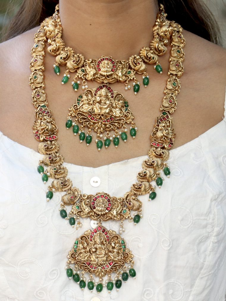 Imitation Peacock Design Bridal Set with Lakshmi Pendant