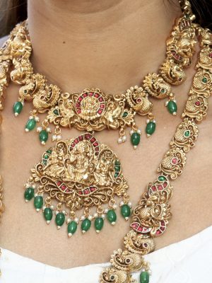 Imitation Peacock Design Bridal Set with Lakshmi Pendant