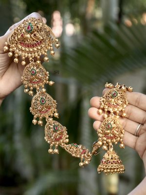 Gold Finish Dual Peacock Design Long Bridal Hair Choti