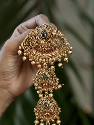 Gold Finish Dual Peacock Design Long Bridal Hair Choti