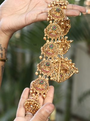 Gold Finish Dual Peacock Design Long Bridal Hair Choti